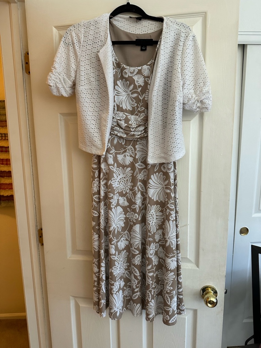 Perceptions Taupe and White Floral Dress with White Eyelet Bolero